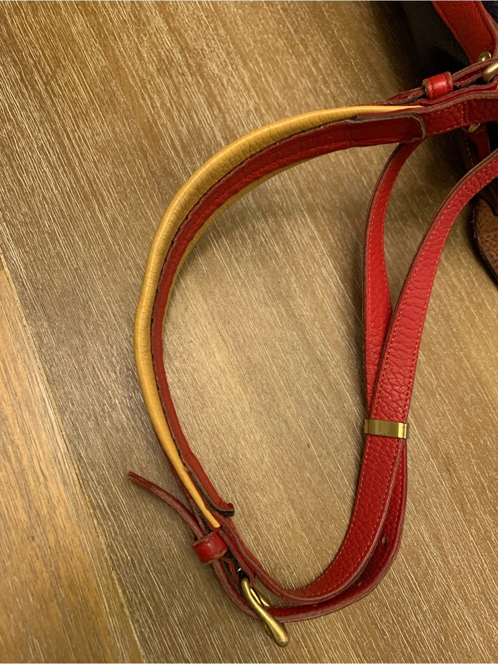 Dooney & Bourke Navy, Red & Yellow Leather Drawstring Bucket Bag - Picture 4 of 16
